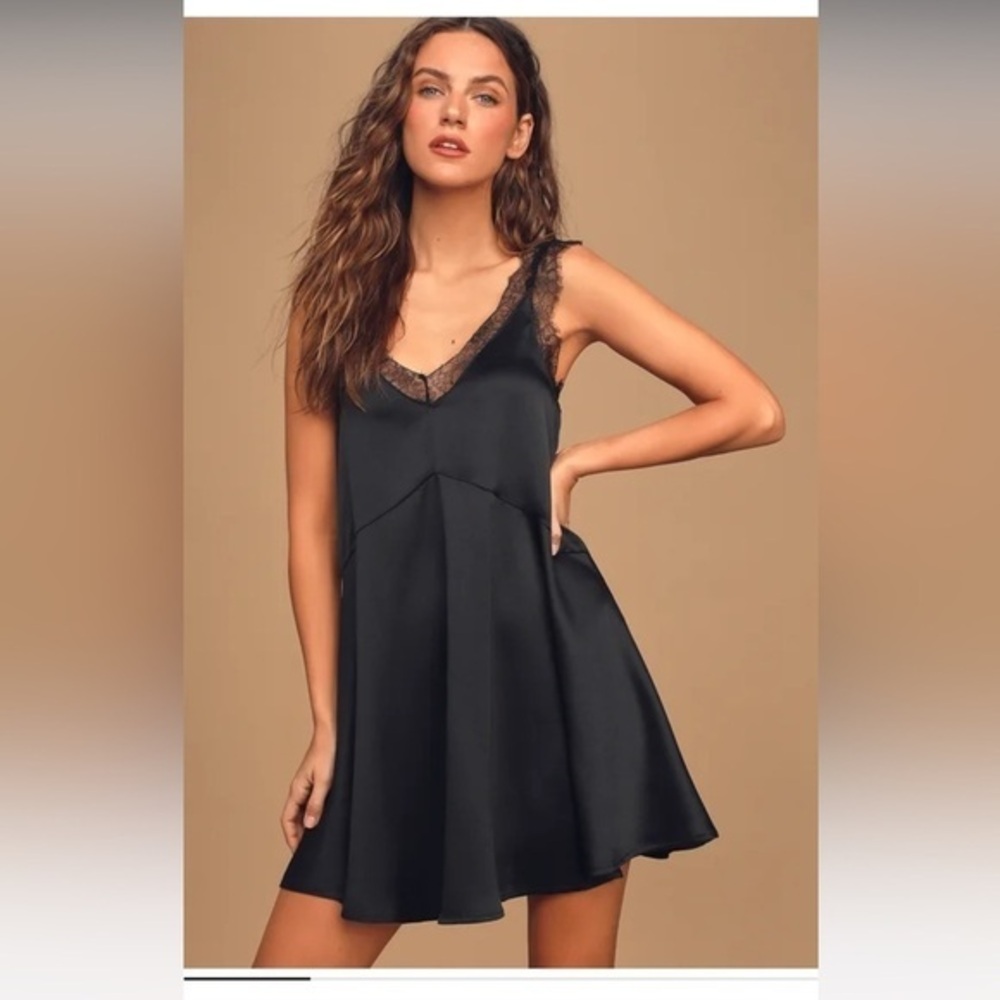 NWT Lulus Forever My Love Black Satin Lace Sleeveless Swing Dress